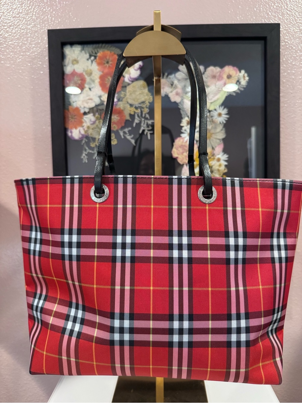 Burberry Blue Label Red Nova Check Nylon Tote Bag with Black Handles Vintage